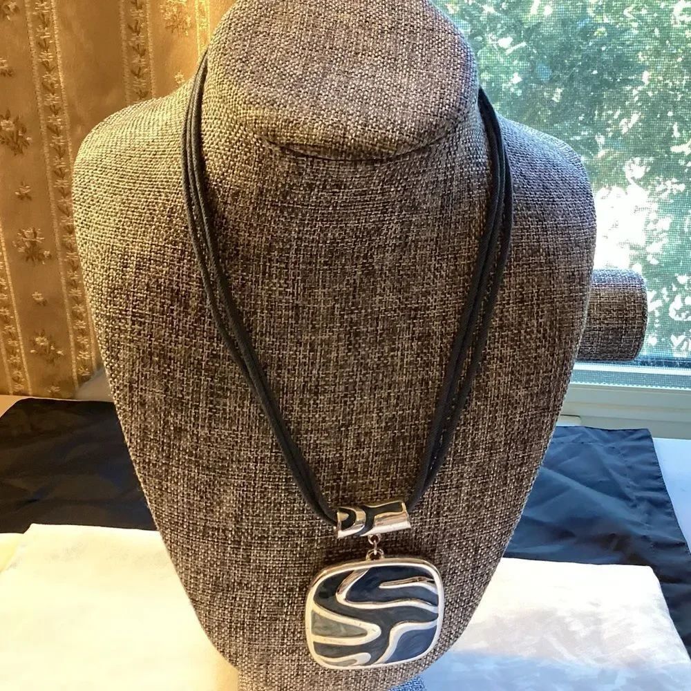 Silver and Blues Pendant Necklace on Blue Leather Triple Cords